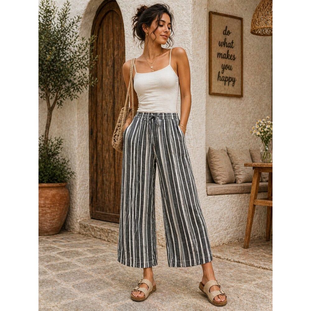 Beachy Coastal Palazzo Briggs Wide Leg Cropped Pants XL Linen Blend Drawstring